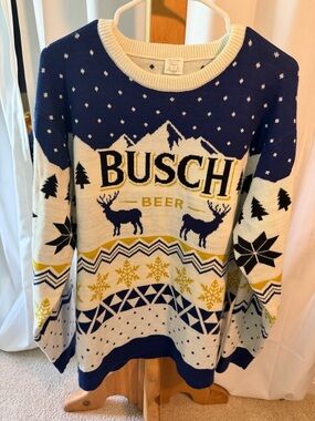 Busch Beer Men’s Holiday Knit ugly Sweater - Navy & White with Gold Accents
